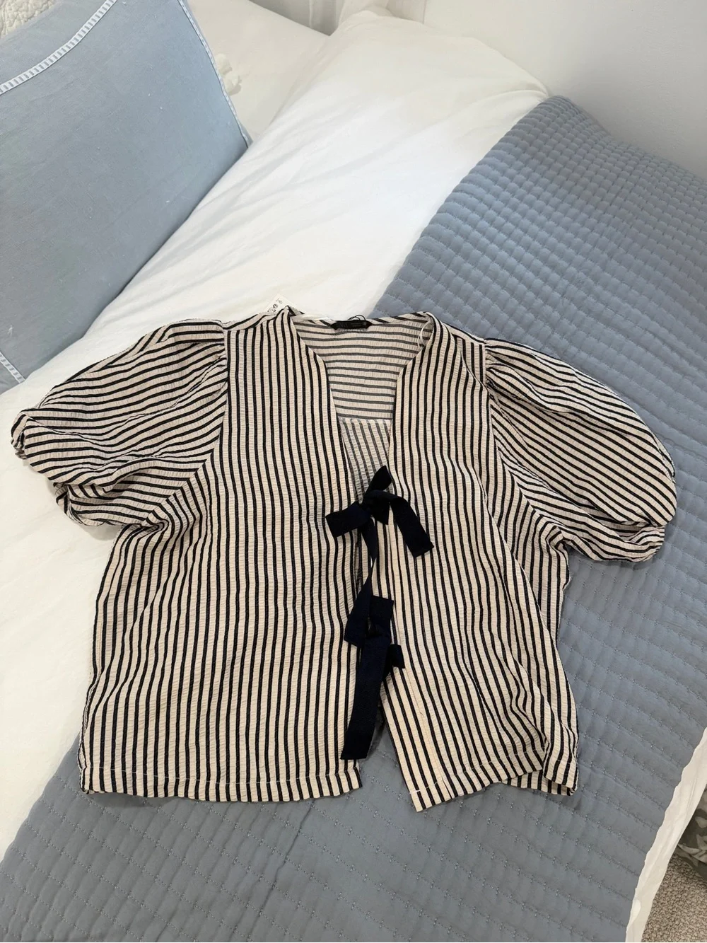 Zara Black and Cream Striped Puff Sleeve Tie-Front Top
